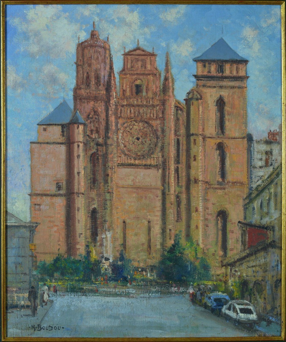 Beautiful Old Painting Marcel Boudou View From Rodez Aveyron Notre Dame Cathedral-photo-2