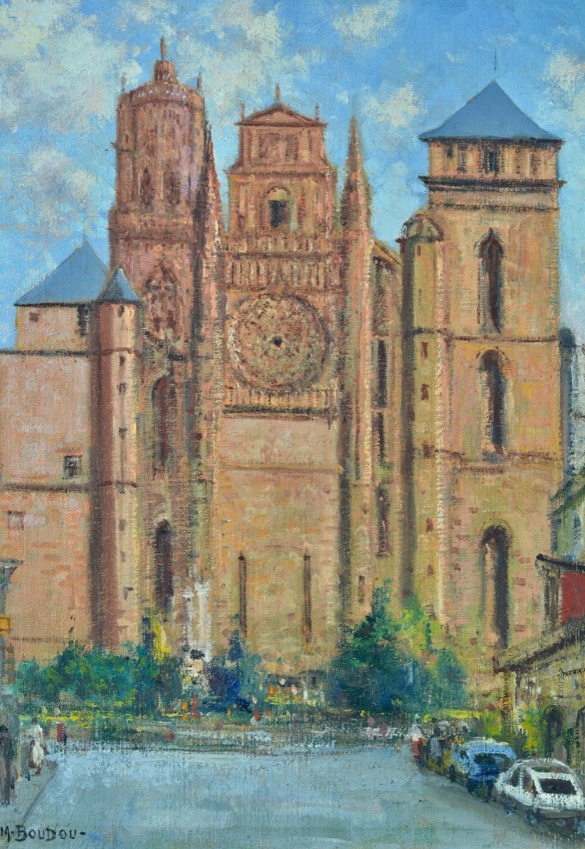 Beautiful Old Painting Marcel Boudou View From Rodez Aveyron Notre Dame Cathedral-photo-3