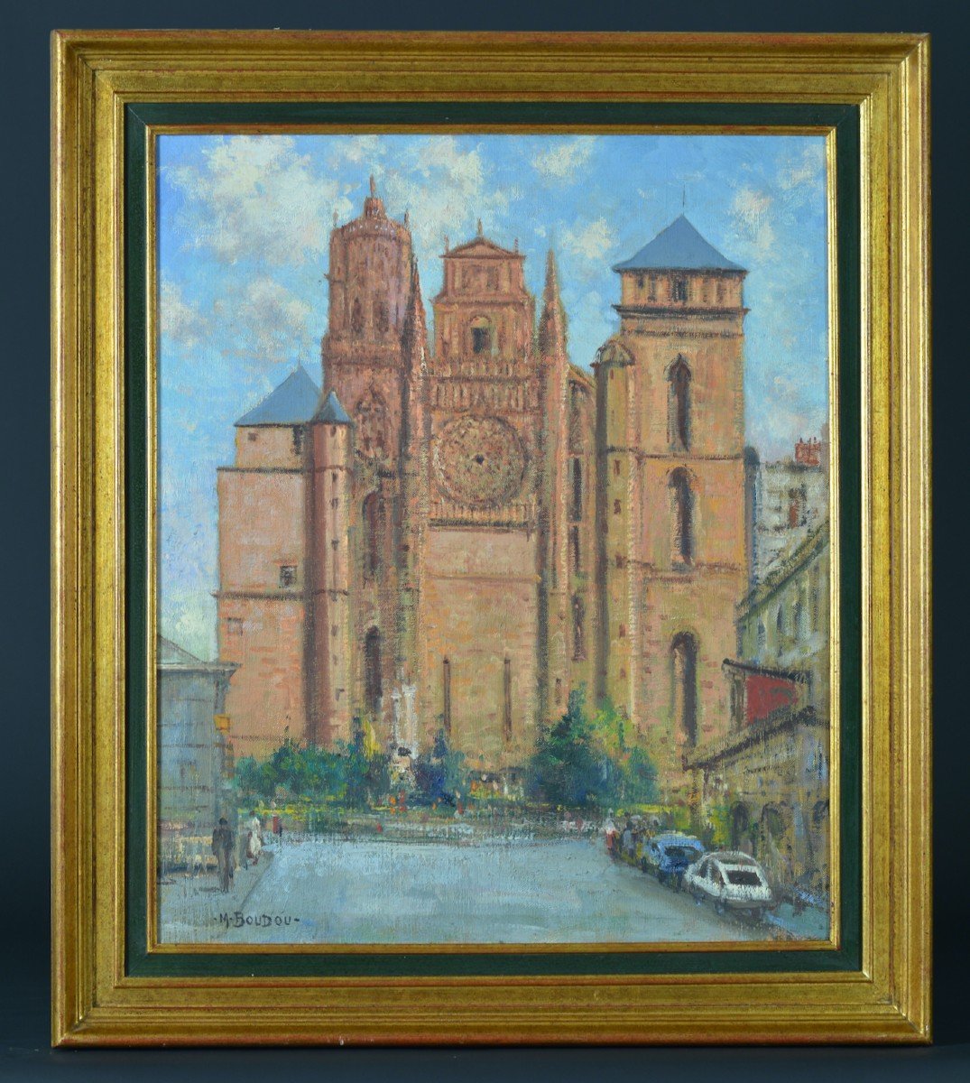 Beautiful Old Painting Marcel Boudou View From Rodez Aveyron Notre Dame Cathedral