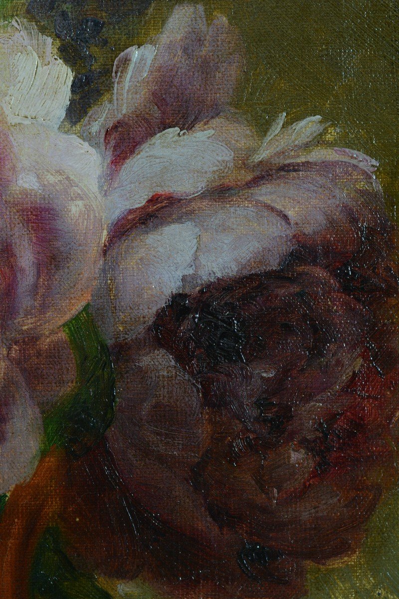 Old Table Signed Titgat Bouquet Of Peonies And Lilac Still Life Signed 1900 Hst-photo-2