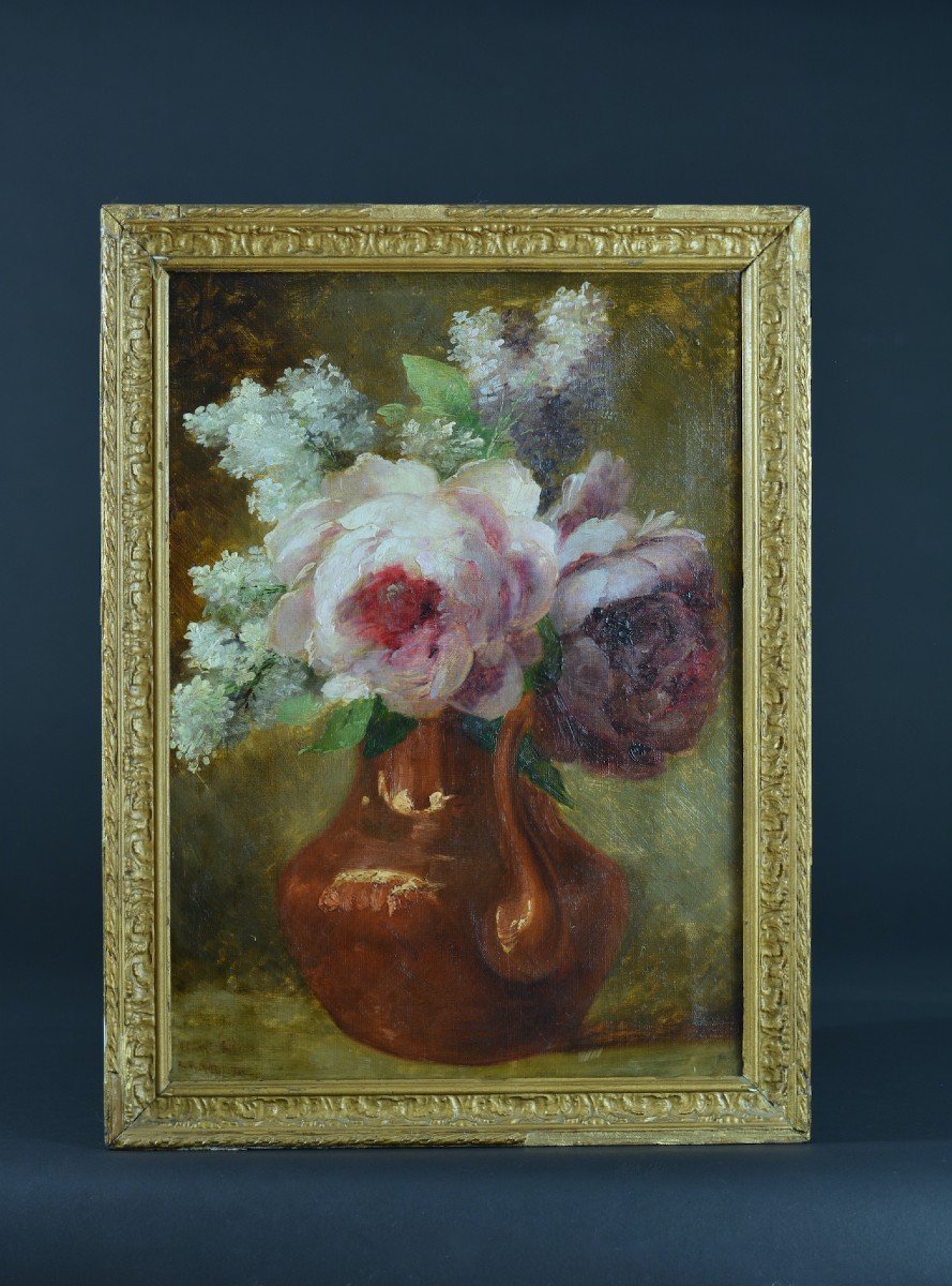 Old Table Signed Titgat Bouquet Of Peonies And Lilac Still Life Signed 1900 Hst-photo-6