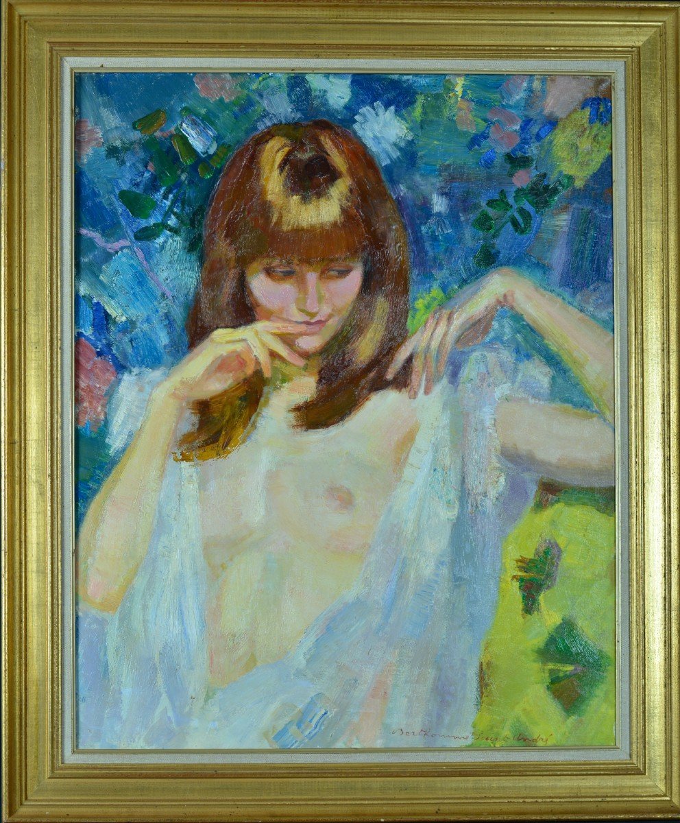 Berthomme Saint-andré Grand Tableau Ancien Erotique Portrait Jeune Femme Eve Nue Rousse Nuisette-photo-3