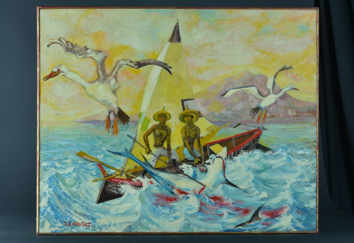 Jacques Allonsius Beau Modern Painting 50 'martinique Landscape Shark Fishing Marine Portrait-photo-2