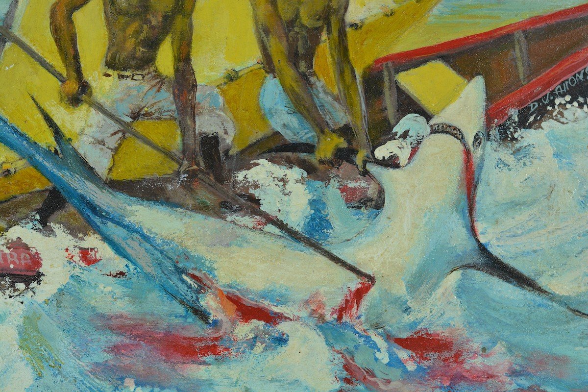 Jacques Allonsius Beau Modern Painting 50 'martinique Landscape Shark Fishing Marine Portrait-photo-1