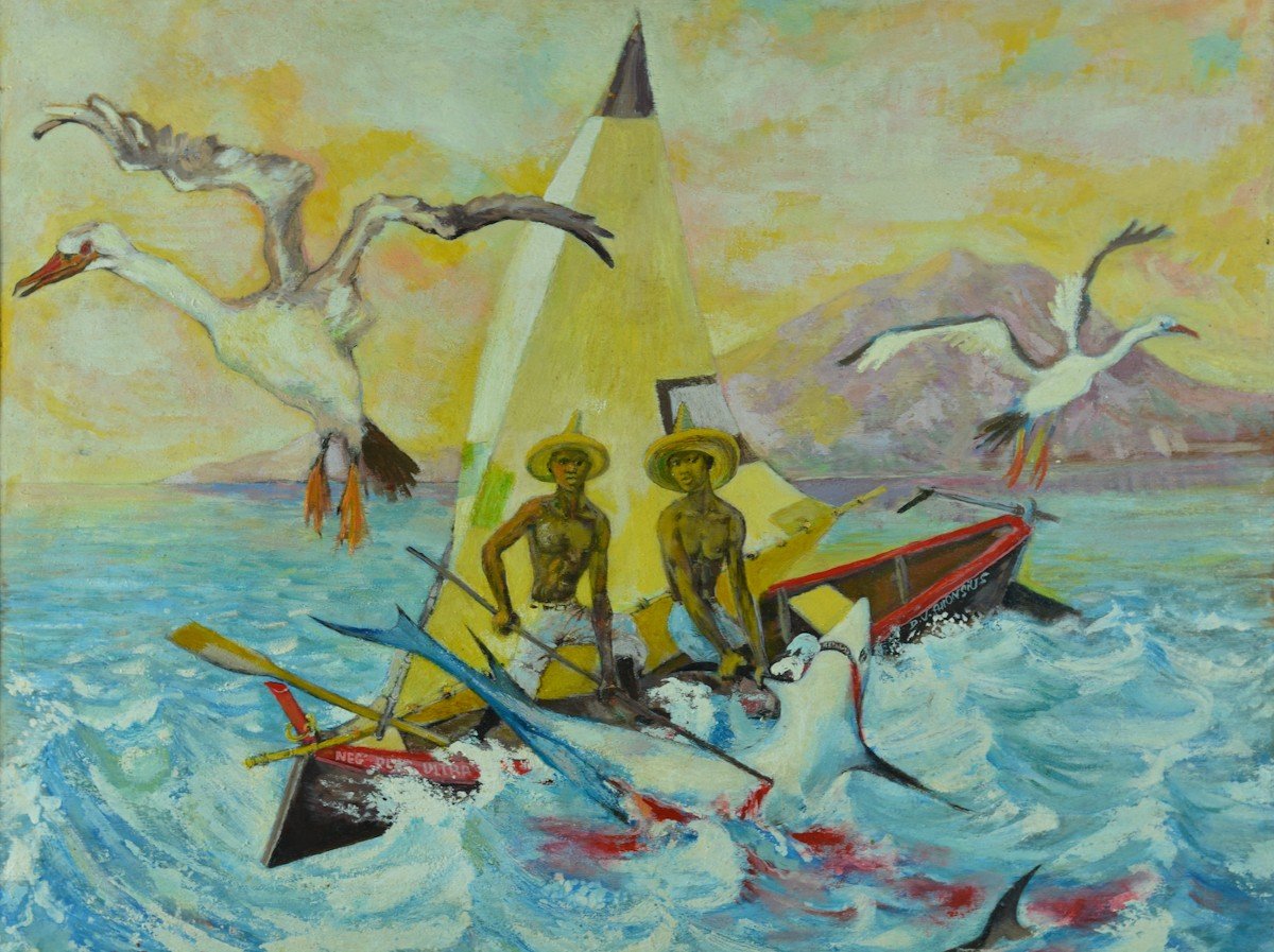 Jacques Allonsius Beau Modern Painting 50 'martinique Landscape Shark Fishing Marine Portrait-photo-5