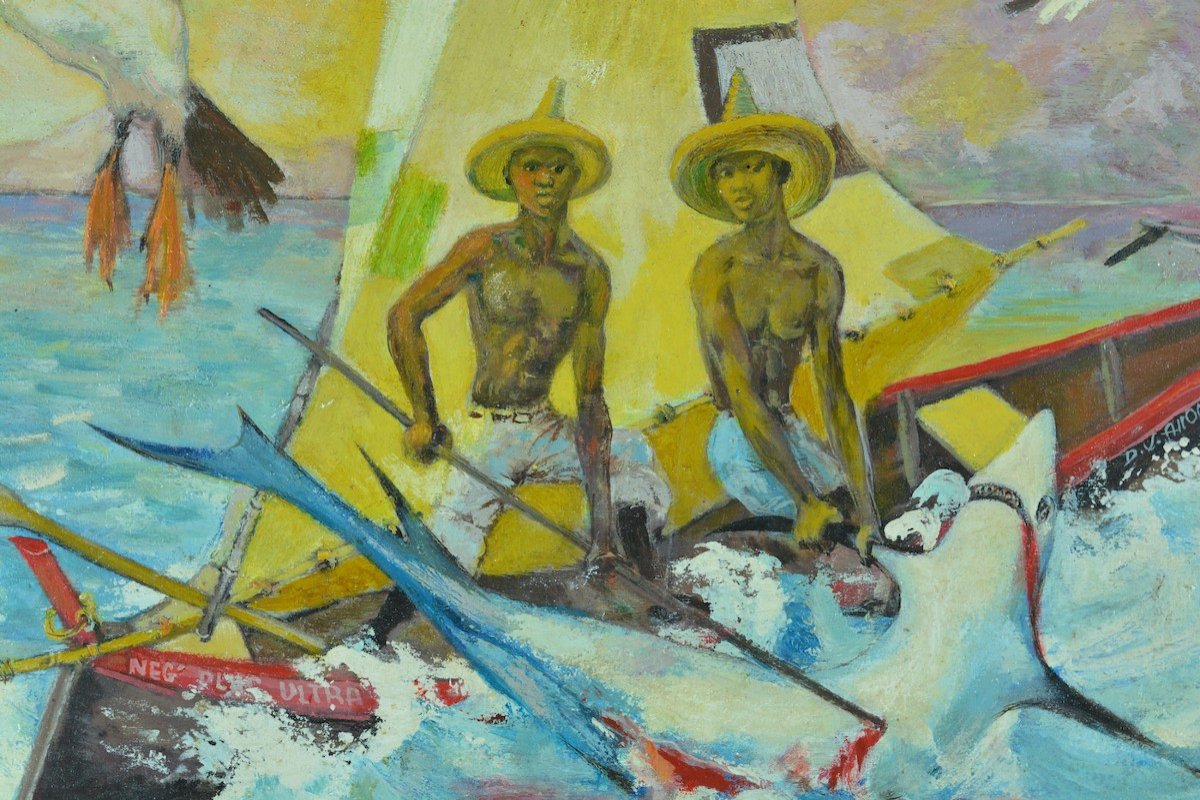 Jacques Allonsius Beau Modern Painting 50 'martinique Landscape Shark Fishing Marine Portrait-photo-7