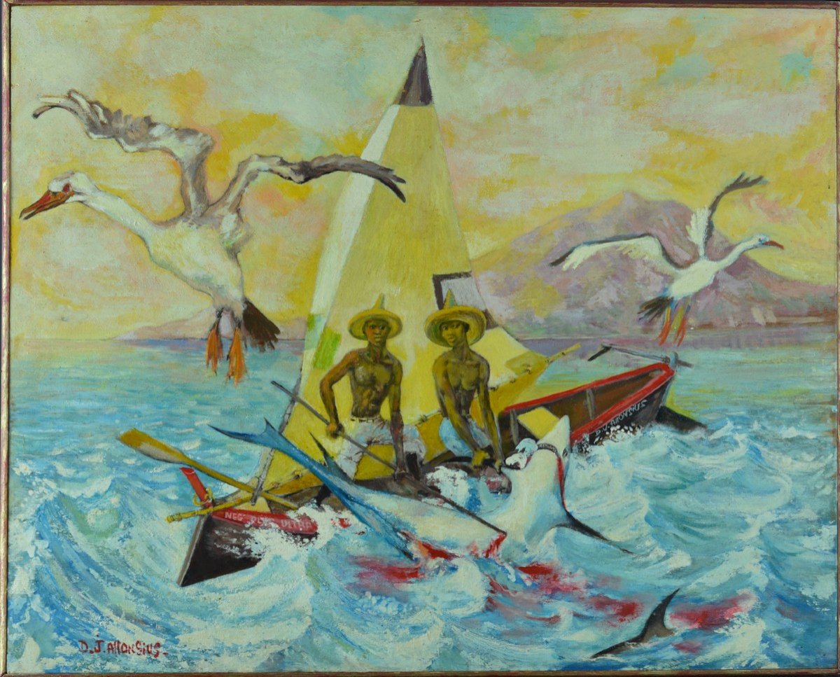  Jacques Allonsius  Beau Tableau Moderne 50’ Martinique Paysage Pêche Au Requin Portrait Marine