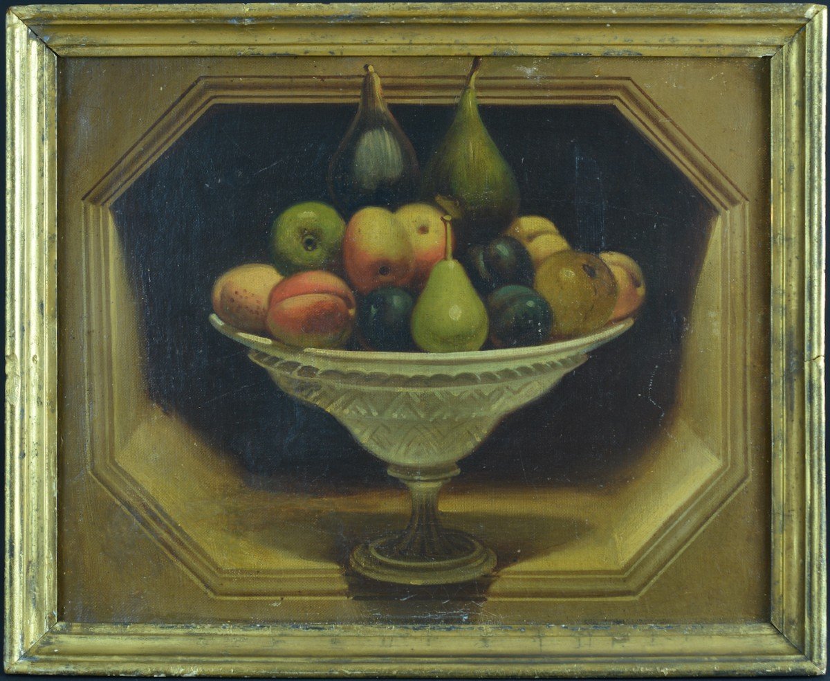 Gabriel-Germain Joncherie sv. Tableau  Trompe L’oeil 19 ème Nature Morte Alcôve Coupe Fruits