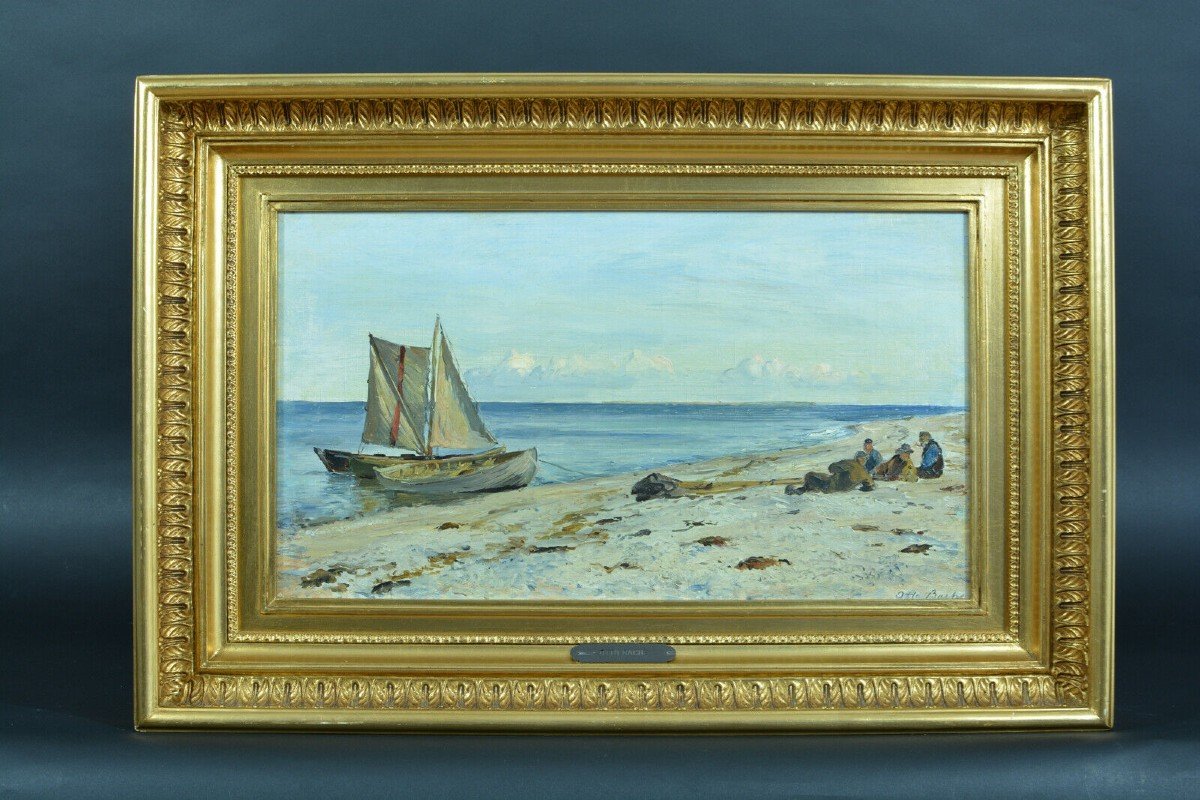 Otto Bache Tableau Ancien Marine Danemark Ciel Paysage Animé Retour De Pêche 19e-photo-2