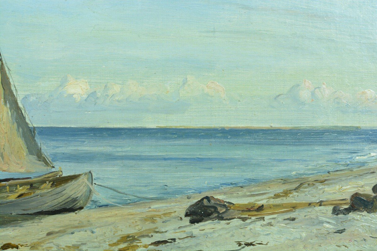 Otto Bache Tableau Ancien Marine Danemark Ciel Paysage Animé Retour De Pêche 19e-photo-3