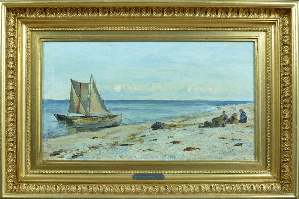 Otto Bache Tableau Ancien Marine Danemark Ciel Paysage Animé Retour De Pêche 19e