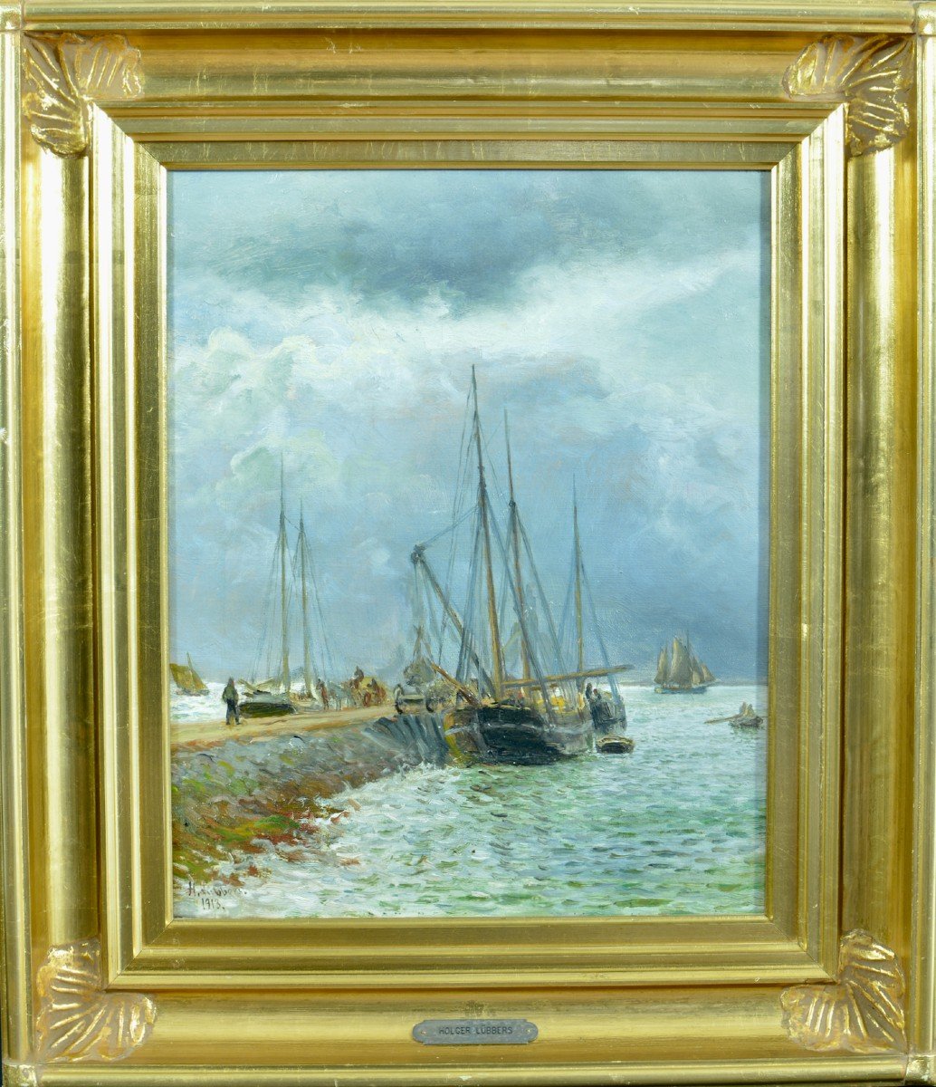 Marine Holger Lübbers Tableau Ancien Bateau Port Danemark Bateau De Pêche