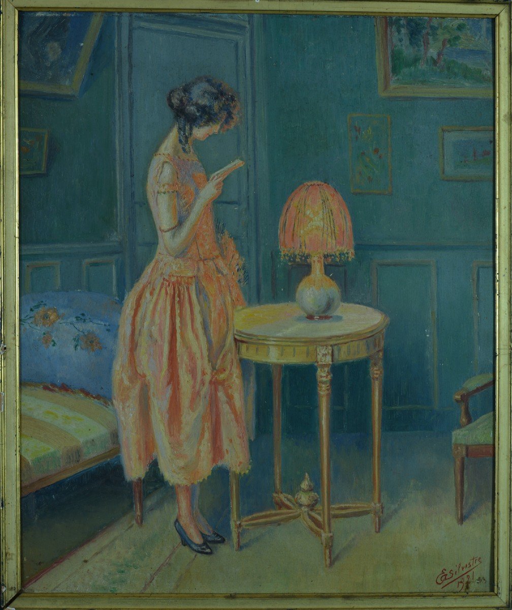 Beau Tableau Ancien Art Deco PORTRAIT De Jeune Femme élégante Lisant Salon Sv Enjolras-photo-4
