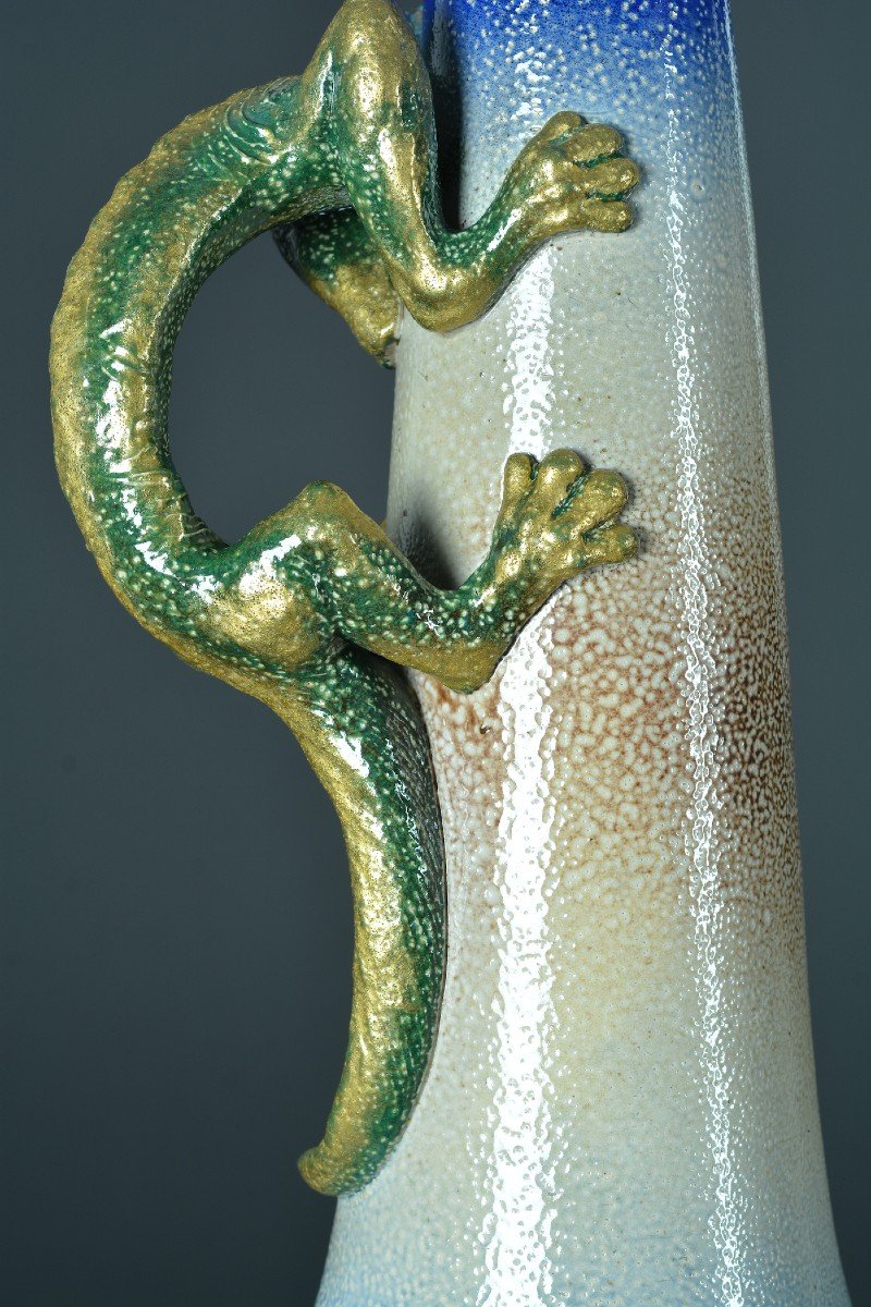 Victor Kremer Sarreguemines Vase Gres A Sel Art Nouveau Salamandre Rare 19e-photo-4