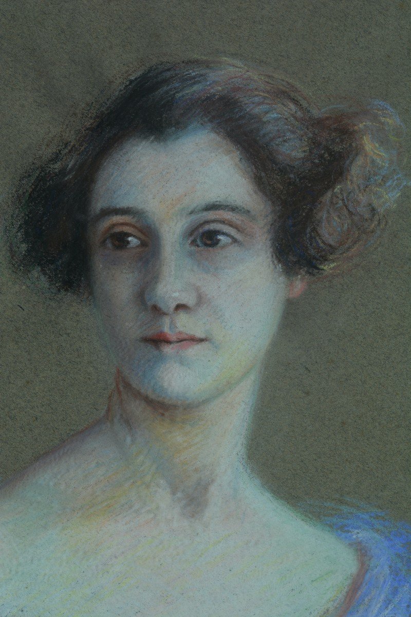 Rare Old Pastel Art Nouveau Painting Portrait Of Young Woman In Blue Dress-photo-2