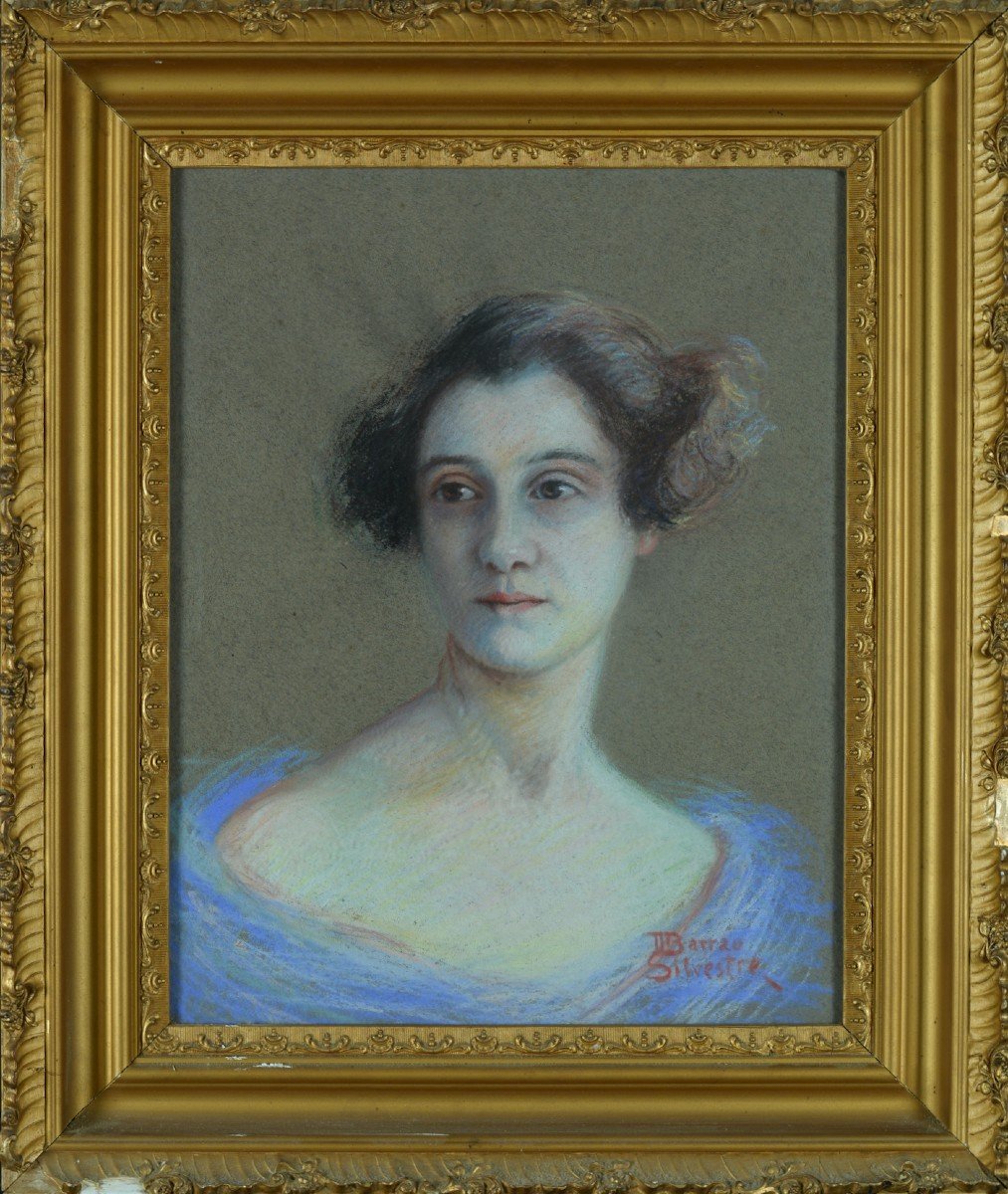 Rare Old Pastel Art Nouveau Painting Portrait Of Young Woman In Blue Dress