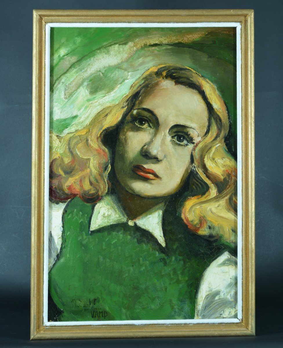 Old Painting Portrait Young Blonde Woman 1950 Pin Up Cinema Schmidt Harcourt Actress-photo-2