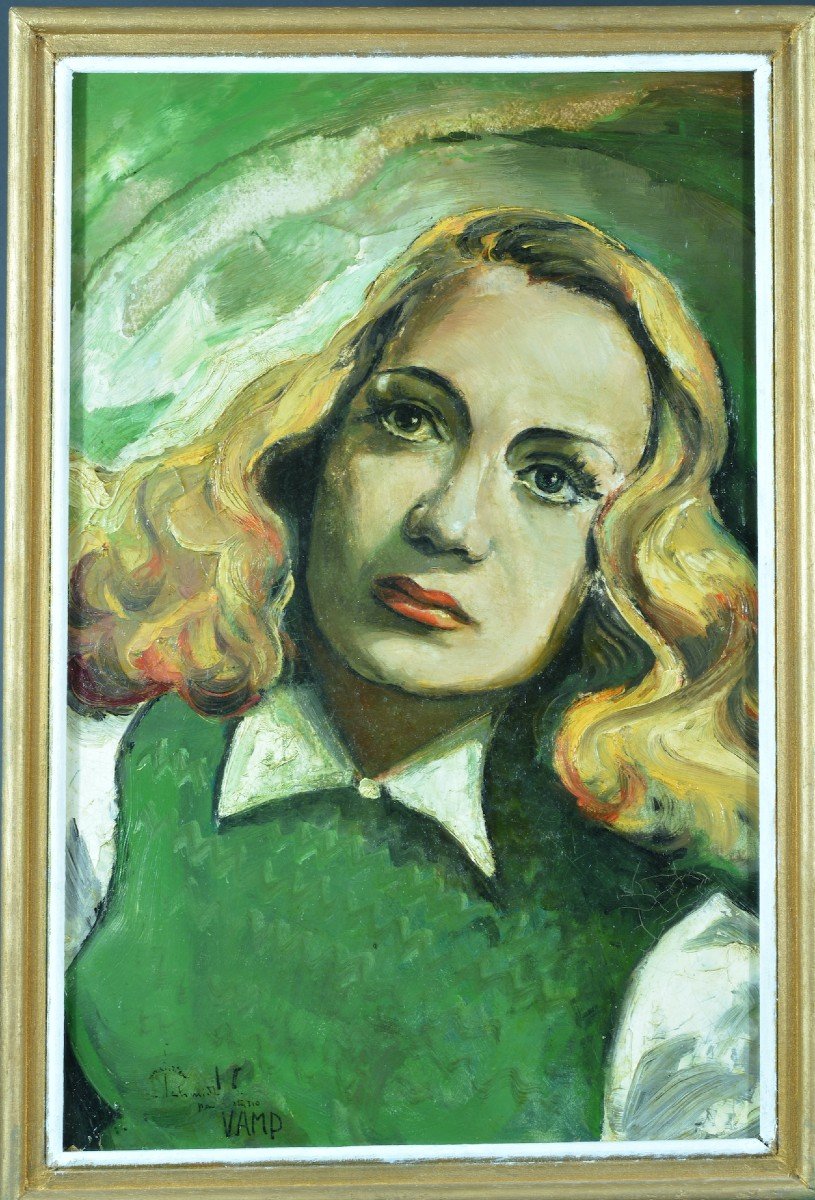 Old Painting Portrait Young Blonde Woman 1950 Pin Up Cinema Schmidt Harcourt Actress-photo-5