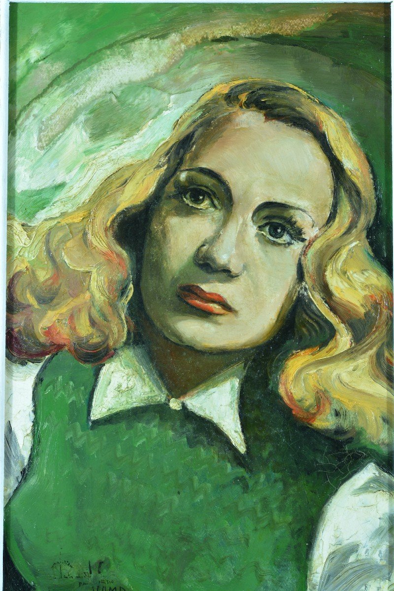 Old Painting Portrait Young Blonde Woman 1950 Pin Up Cinema Schmidt Harcourt Actress