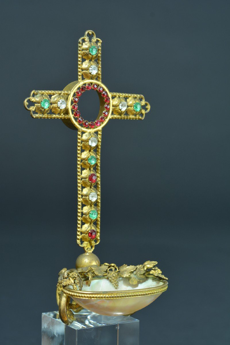 Ancien  Reliquaire Bénitier Monstrance Ostensoir Nacre Pierreries 19e-photo-3