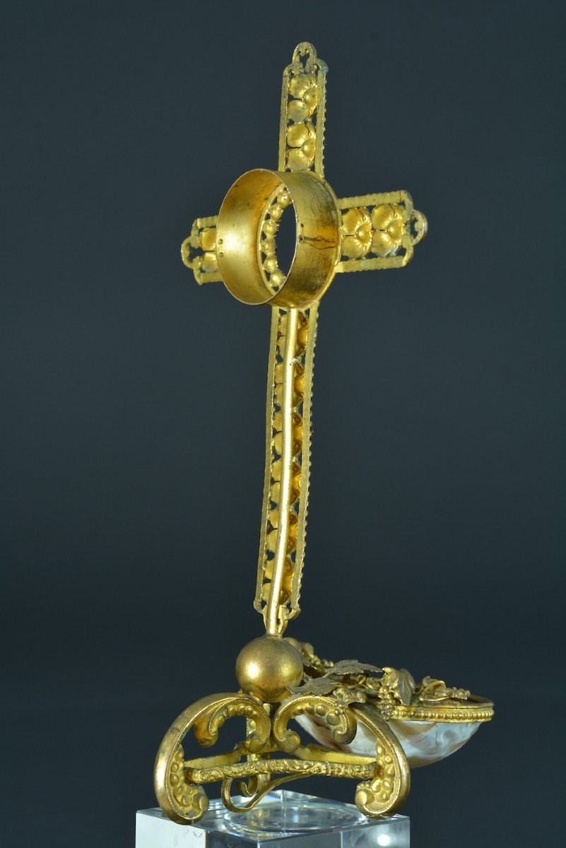 Ancien  Reliquaire Bénitier Monstrance Ostensoir Nacre Pierreries 19e-photo-5