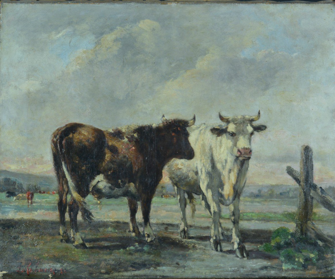 Painting Old Cow Landscape Normandy Julien De La Rochenoire 19th Frame Hst-photo-3