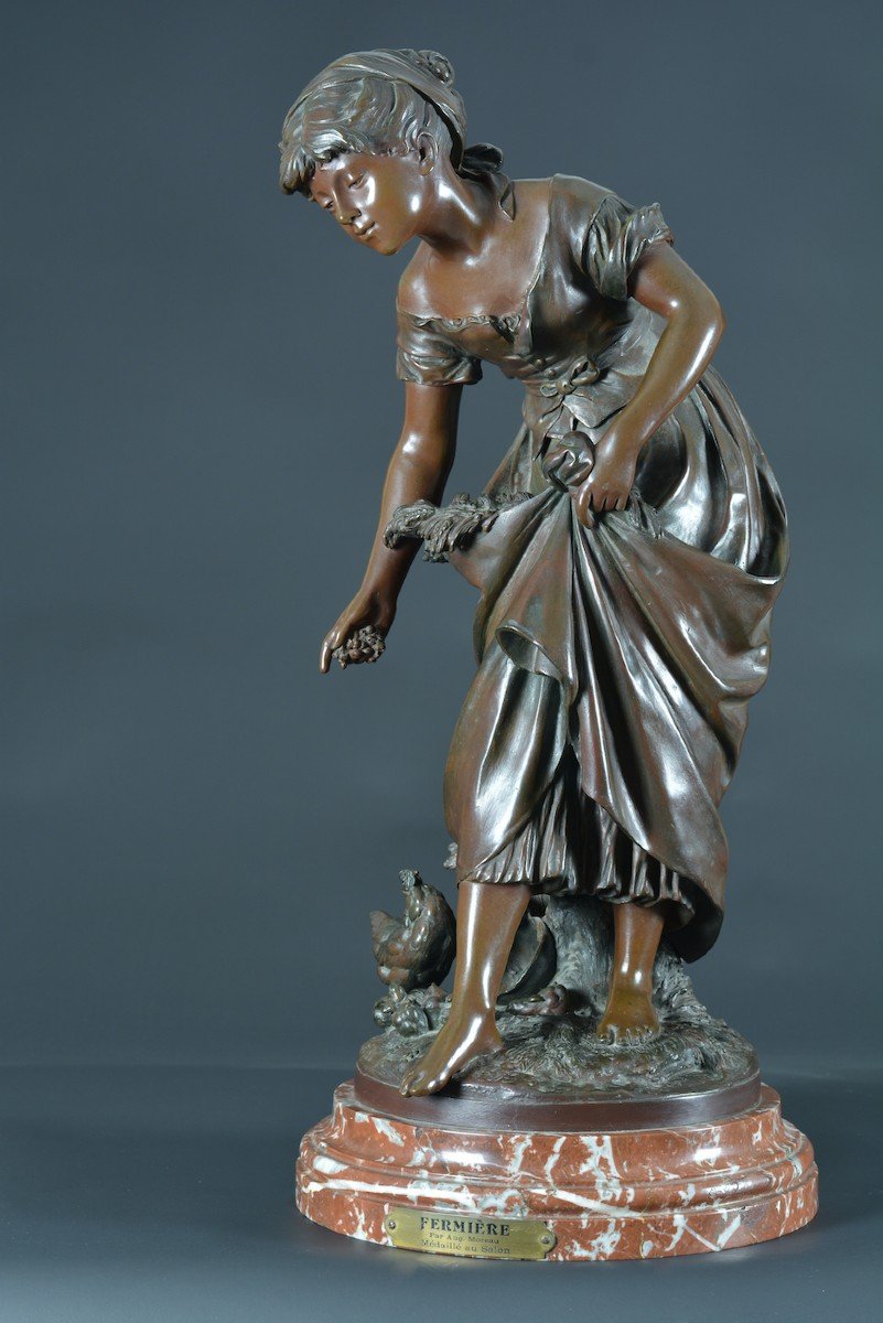 Grand Bronze Ancien Portrait Femme La Fermière Poules Auguste  Moreau 19e-photo-6