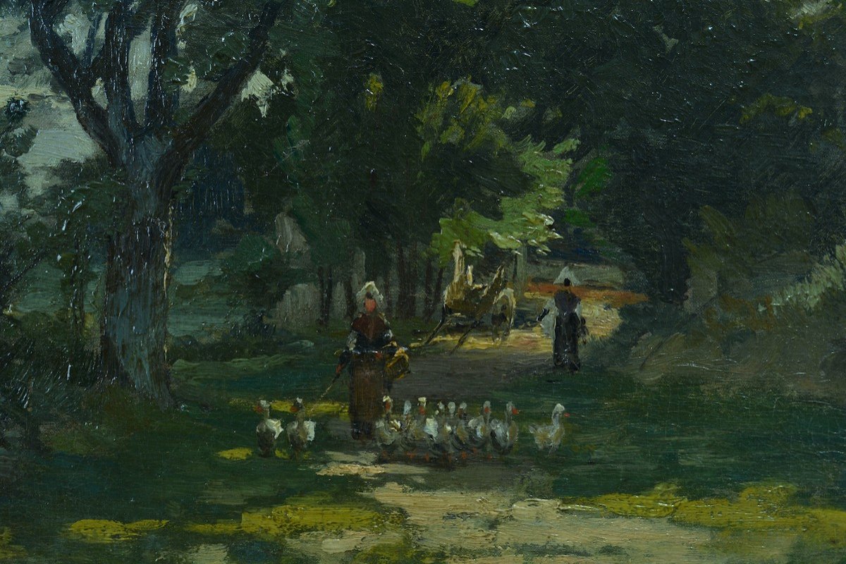 Louis-Henri Saintin Tableau Ancien Bretagne Impressionniste La Gardienne d'Oies  19e