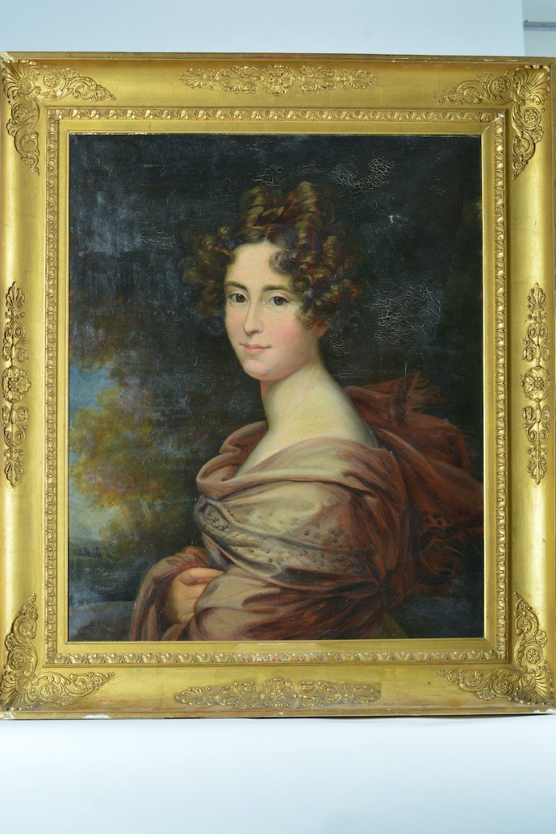 Old Empire Painting Portrait Young Woman Ent. Big Frame Baron-photo-2