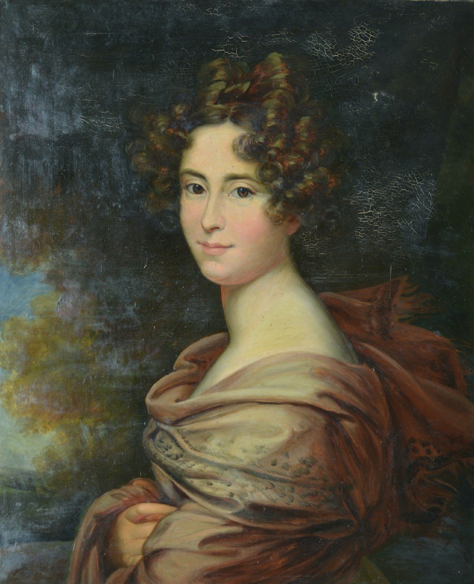 Old Empire Painting Portrait Young Woman Ent. Big Frame Baron-photo-4