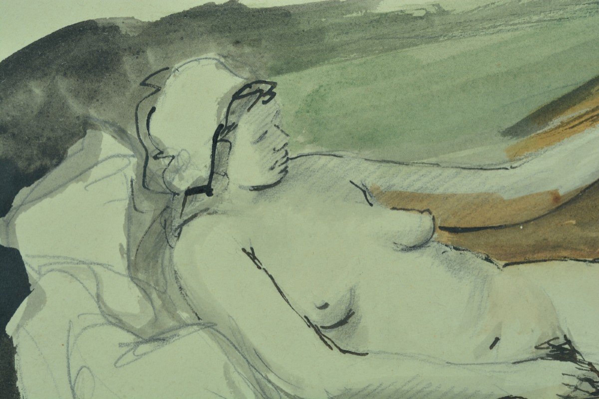 Pedro Creixams Ancien Dessin Portrait Jeune Femme Nue Oriental Au Sofa Maroc-photo-3