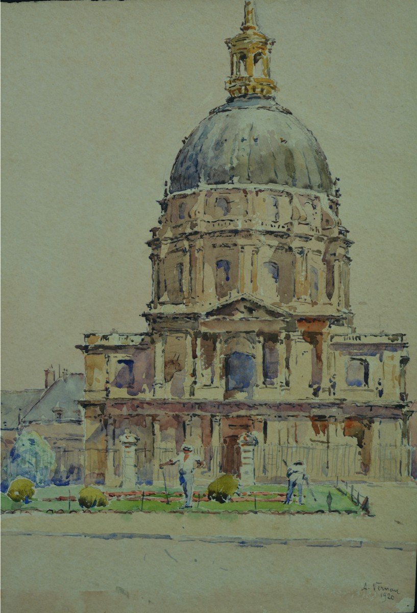 Old Painting Animated View Invalides Paris Gardener Bridge Watercolor Signed X 2 Drawing-photo-3