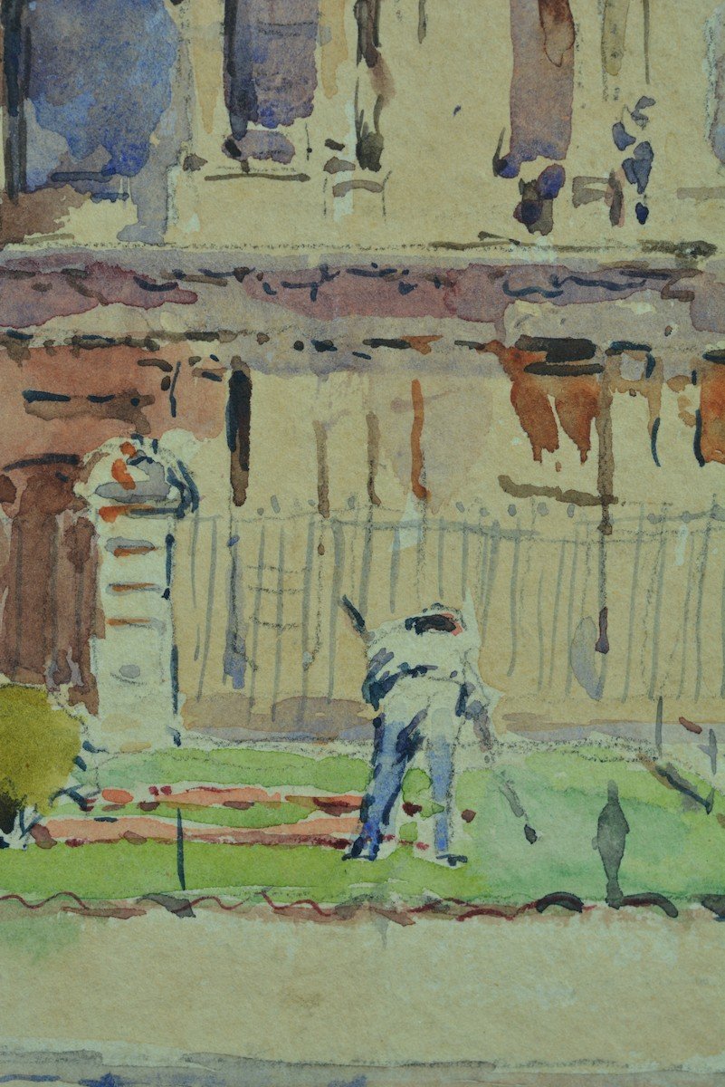 Old Painting Animated View Invalides Paris Gardener Bridge Watercolor Signed X 2 Drawing-photo-1