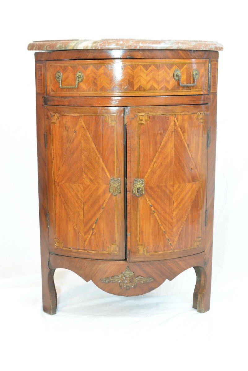 Old Corner Louis XVI Marquetry Angle Marble Storage Cabinet-photo-2