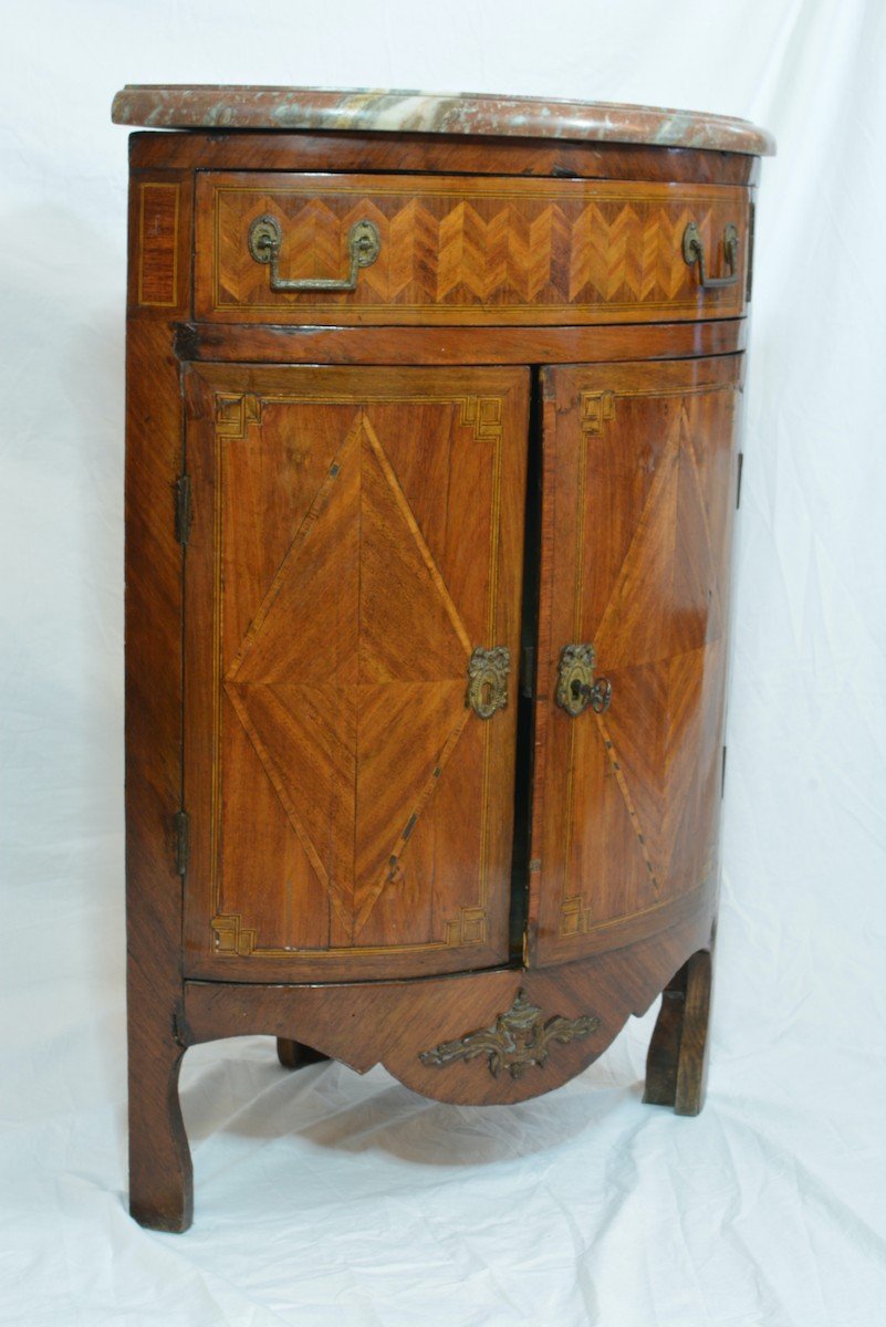 Old Corner Louis XVI Marquetry Angle Marble Storage Cabinet-photo-2