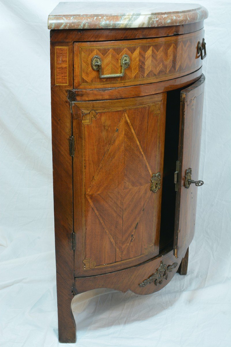 Old Corner Louis XVI Marquetry Angle Marble Storage Cabinet-photo-4