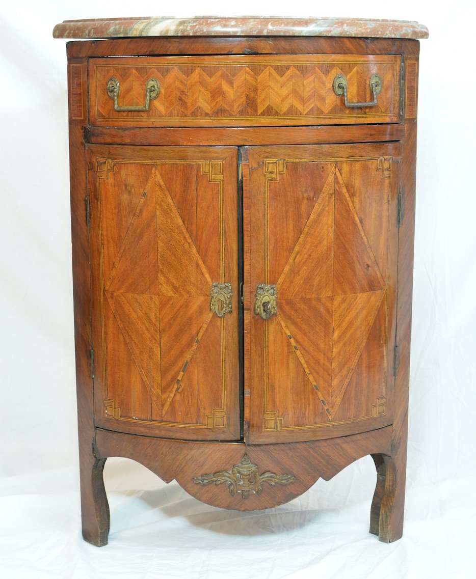 Old Corner Louis XVI Marquetry Angle Marble Storage Cabinet-photo-6