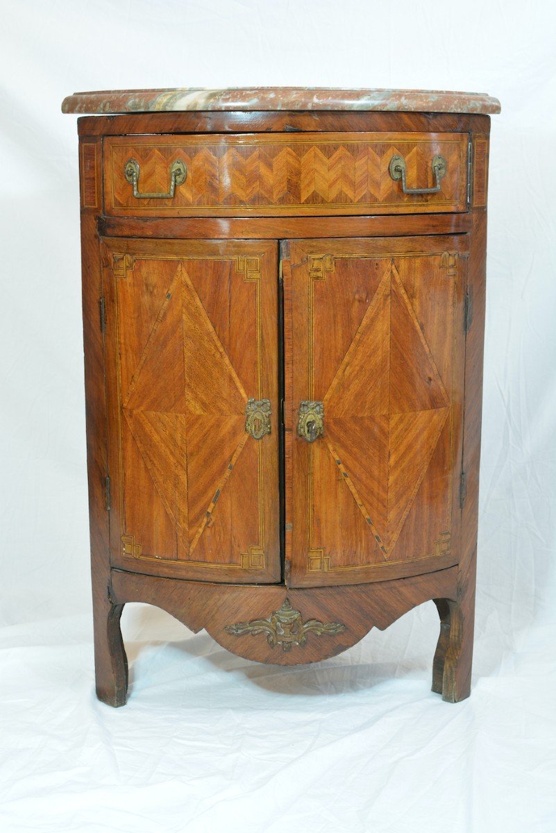 Old Corner Louis XVI Marquetry Angle Marble Storage Cabinet