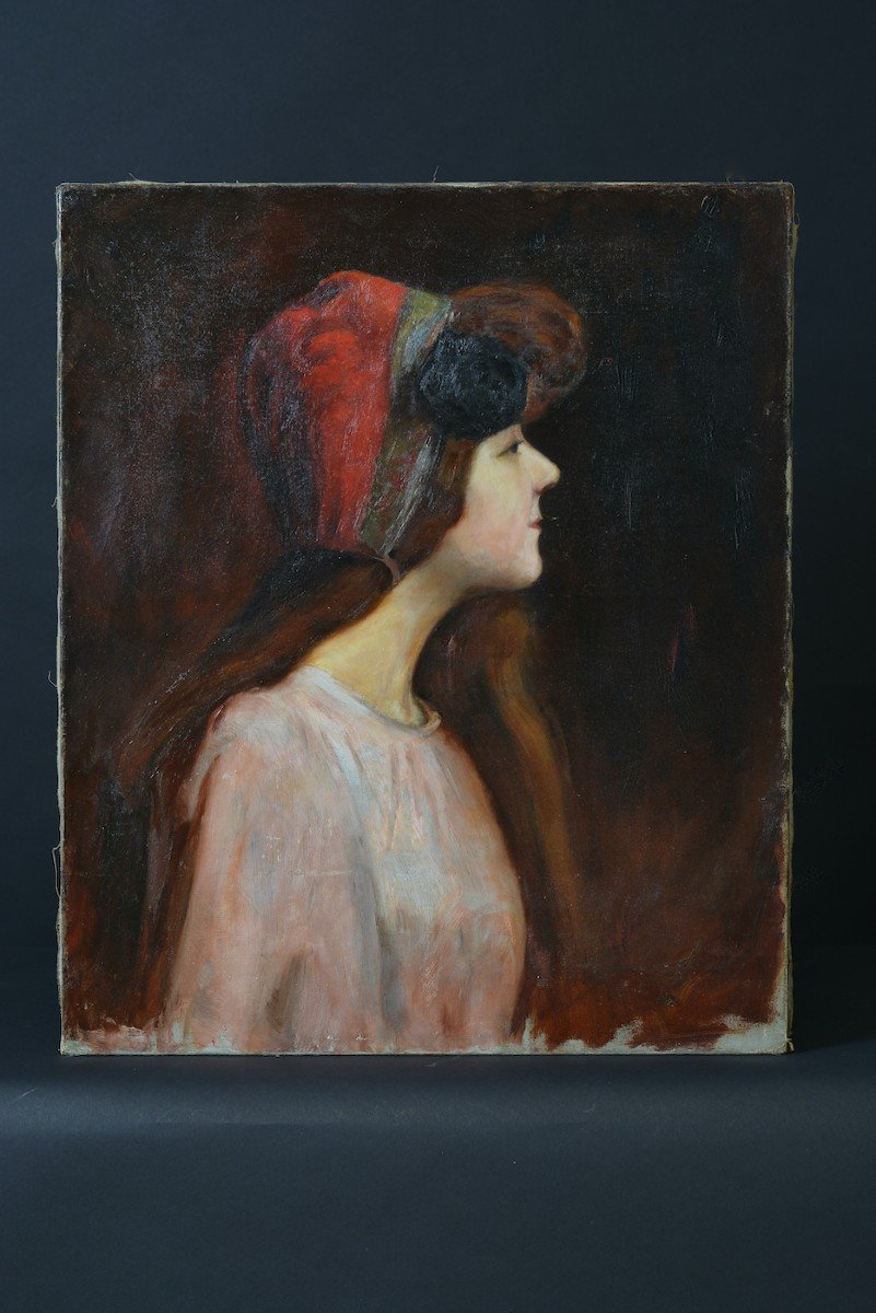 Augustin Zwiller Beautiful Old Painting Portrait Young Redhead Woman Art Nouveau Headdress Senelier H-photo-2