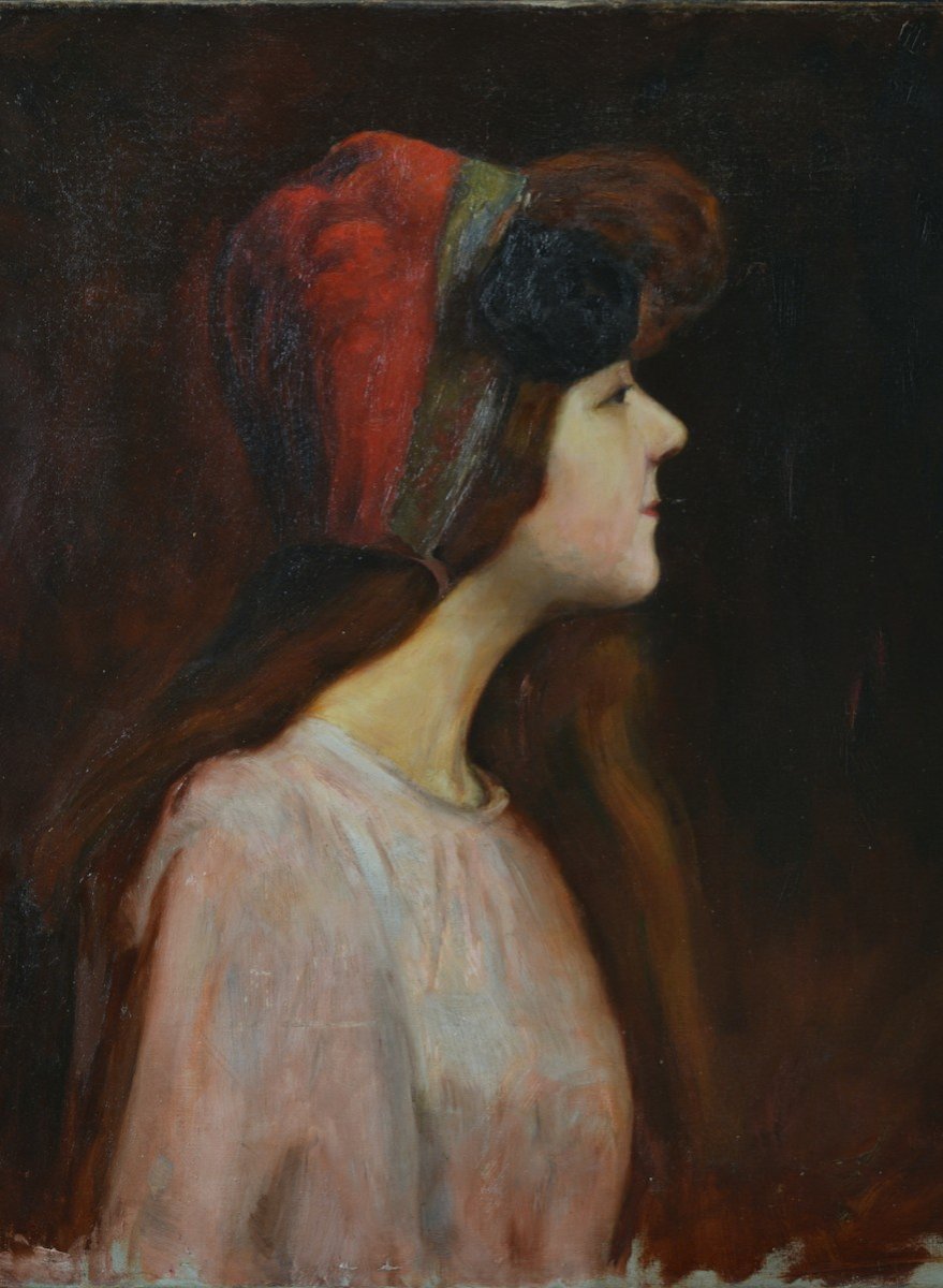 Augustin Zwiller Beautiful Old Painting Portrait Young Redhead Woman Art Nouveau Headdress Senelier H-photo-4