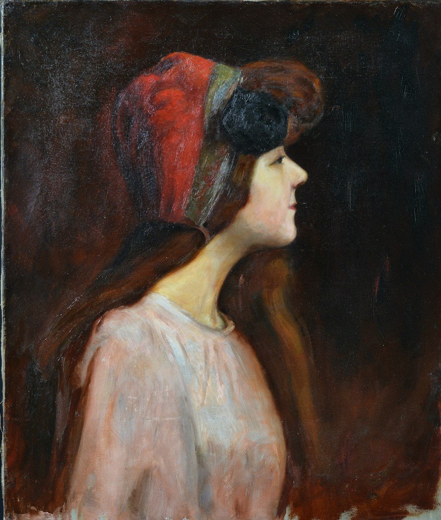 Augustin Zwiller Beautiful Old Painting Portrait Young Redhead Woman Art Nouveau Headdress Senelier H-photo-5