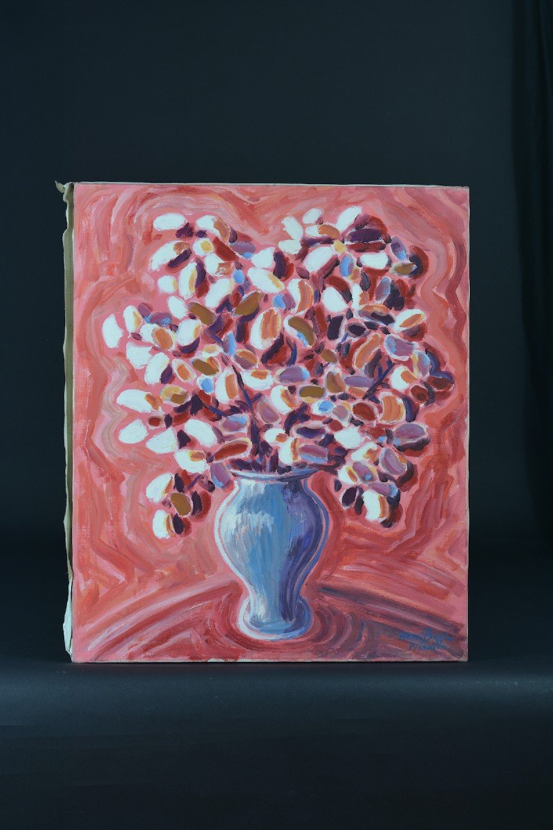 Pissaro Tableau Moderne Bouquet De Fleurs Sur Fond Rouge Nature Morte Signé-photo-2