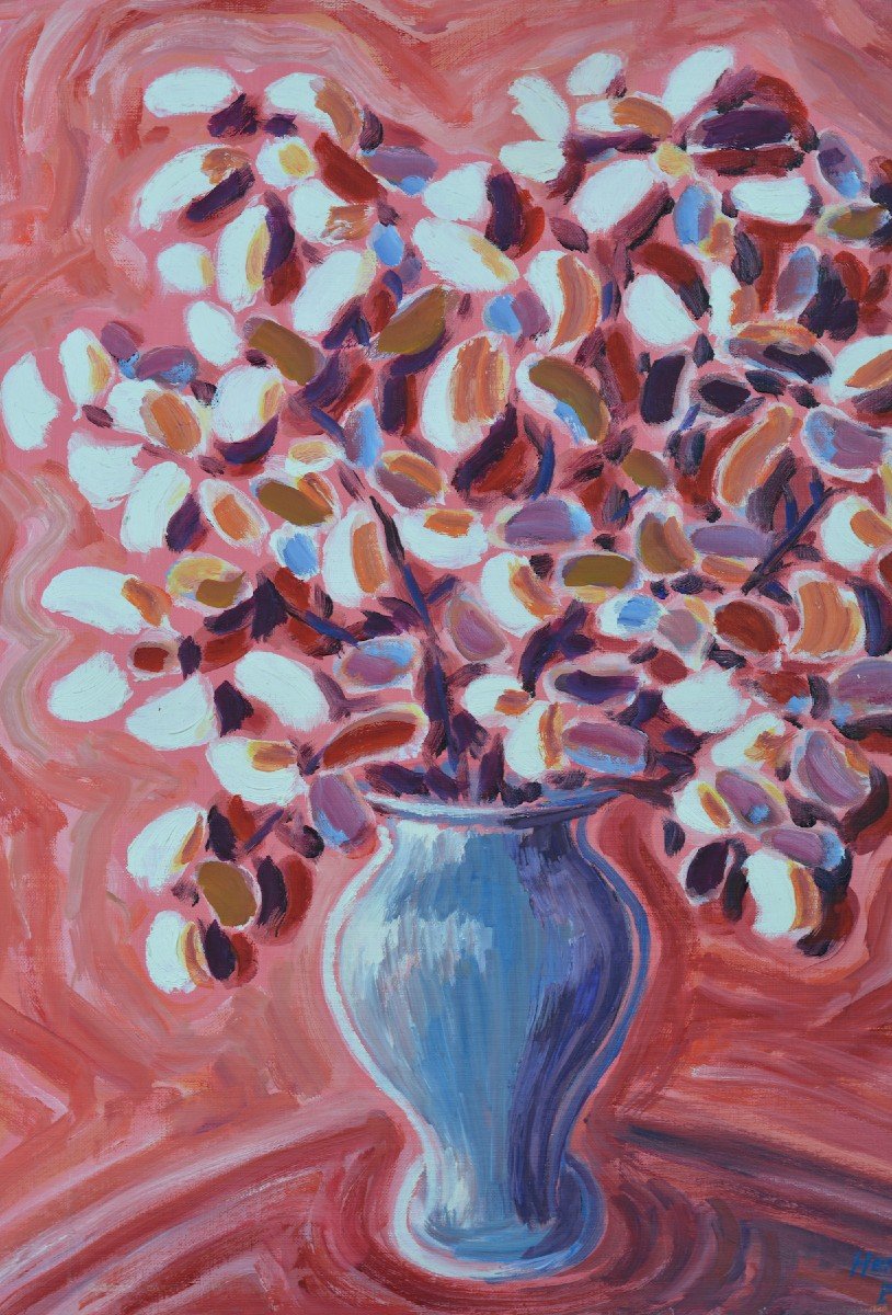 Pissaro Modern Painting Bouquet Of Flowers On A Red Background Still Life Signed-photo-1