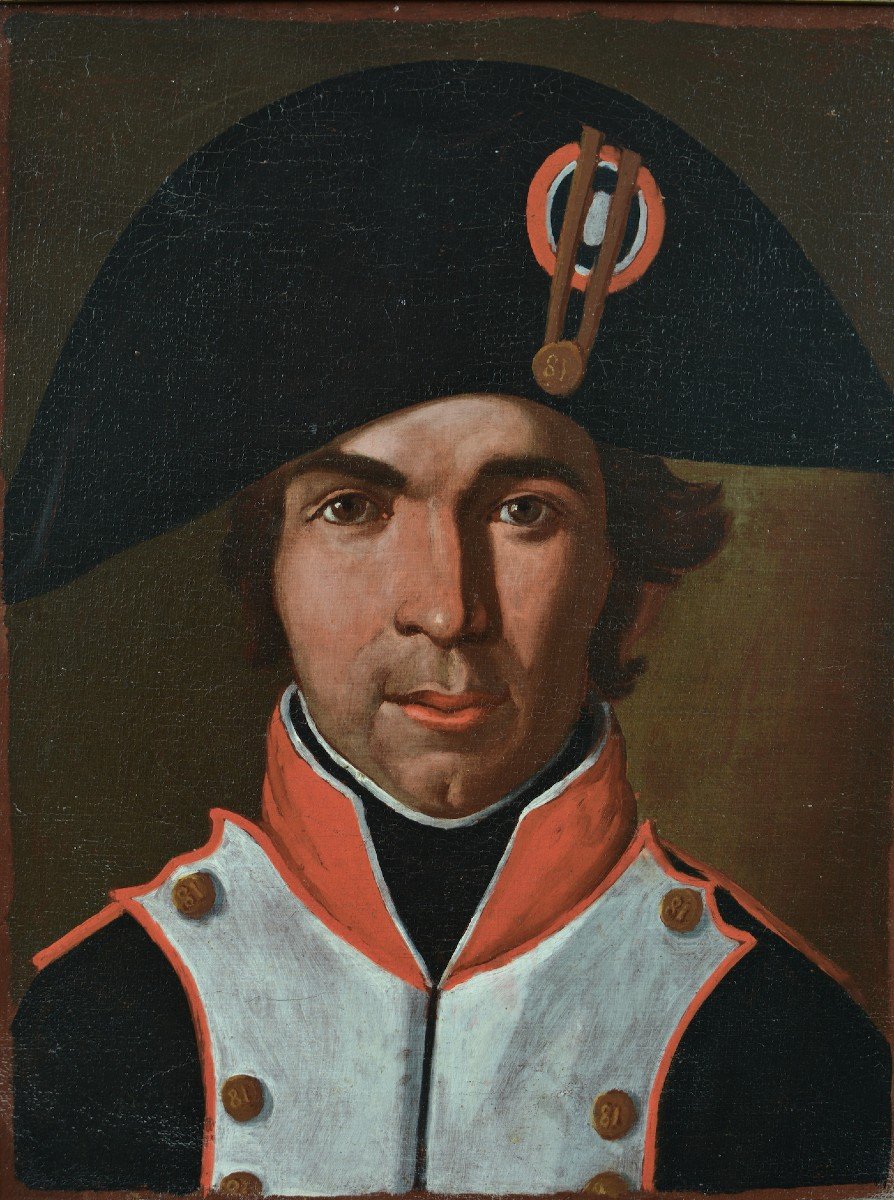 Ancien Tableau Portrait d'Homme Soldat Bicorne Napoléon Austerlitz Empire Militaria