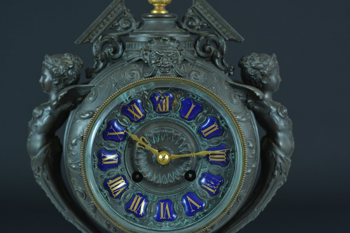 Ancienne Pendule Aux Shinges Satyre Bérain Patine Bronze Clock Blot Et Drouard-photo-2