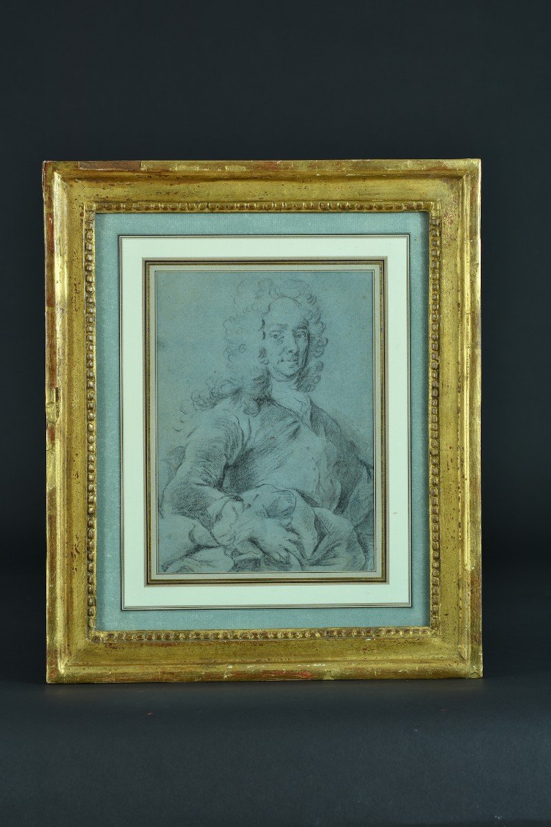 Old Painting Drawing Portrait Of A Gentleman Wig Louis XIV Golden Frame-photo-5