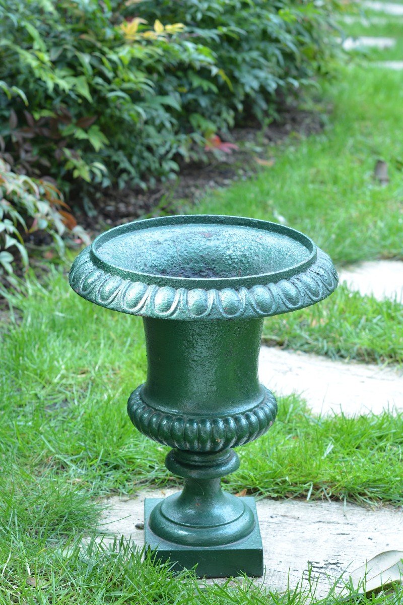 Ancien Vase Médicis Décor Godrons Sur Pied Fonte Jardin Vert 19 ème-photo-2