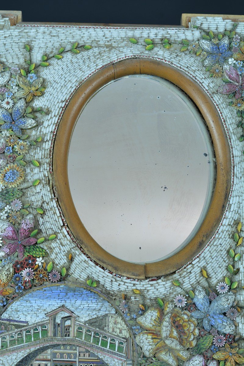 Ancien Grand Miroir Micro Mosaïque Grand Tour Italie Venise Pont Rialto 19 ème Rare-photo-6