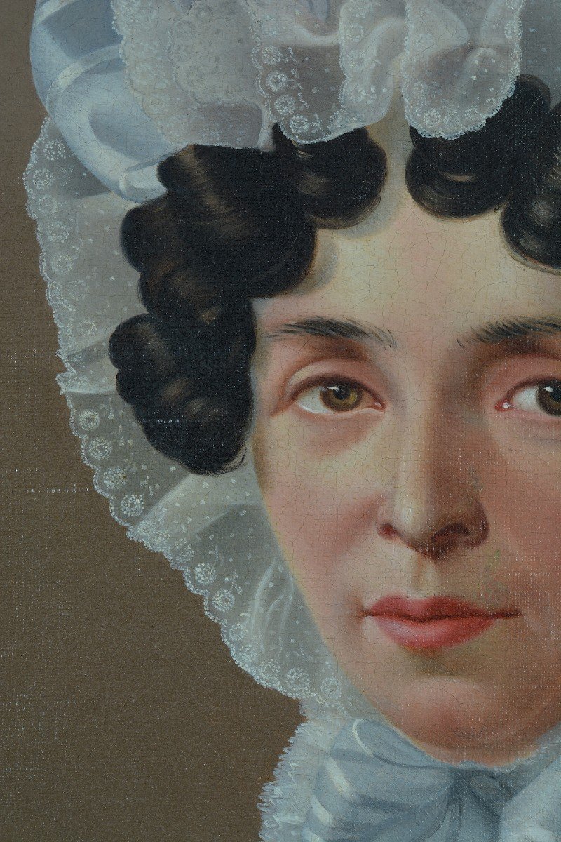 Ancien Tableau Portrait Jeune Femme Costume Robe Mode Dentelle Charlotte 1840-photo-1