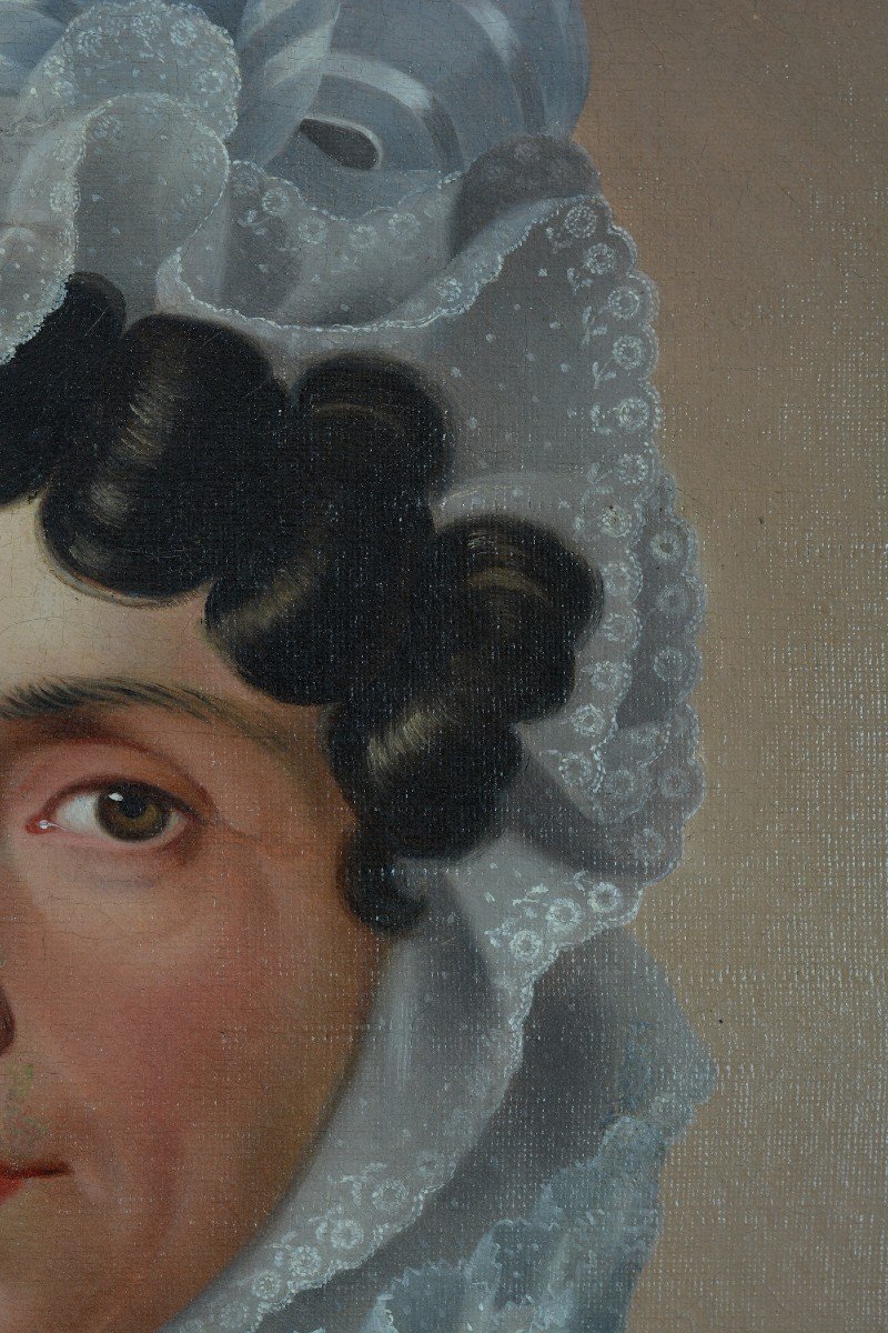 Ancien Tableau Portrait Jeune Femme Costume Robe Mode Dentelle Charlotte 1840-photo-2